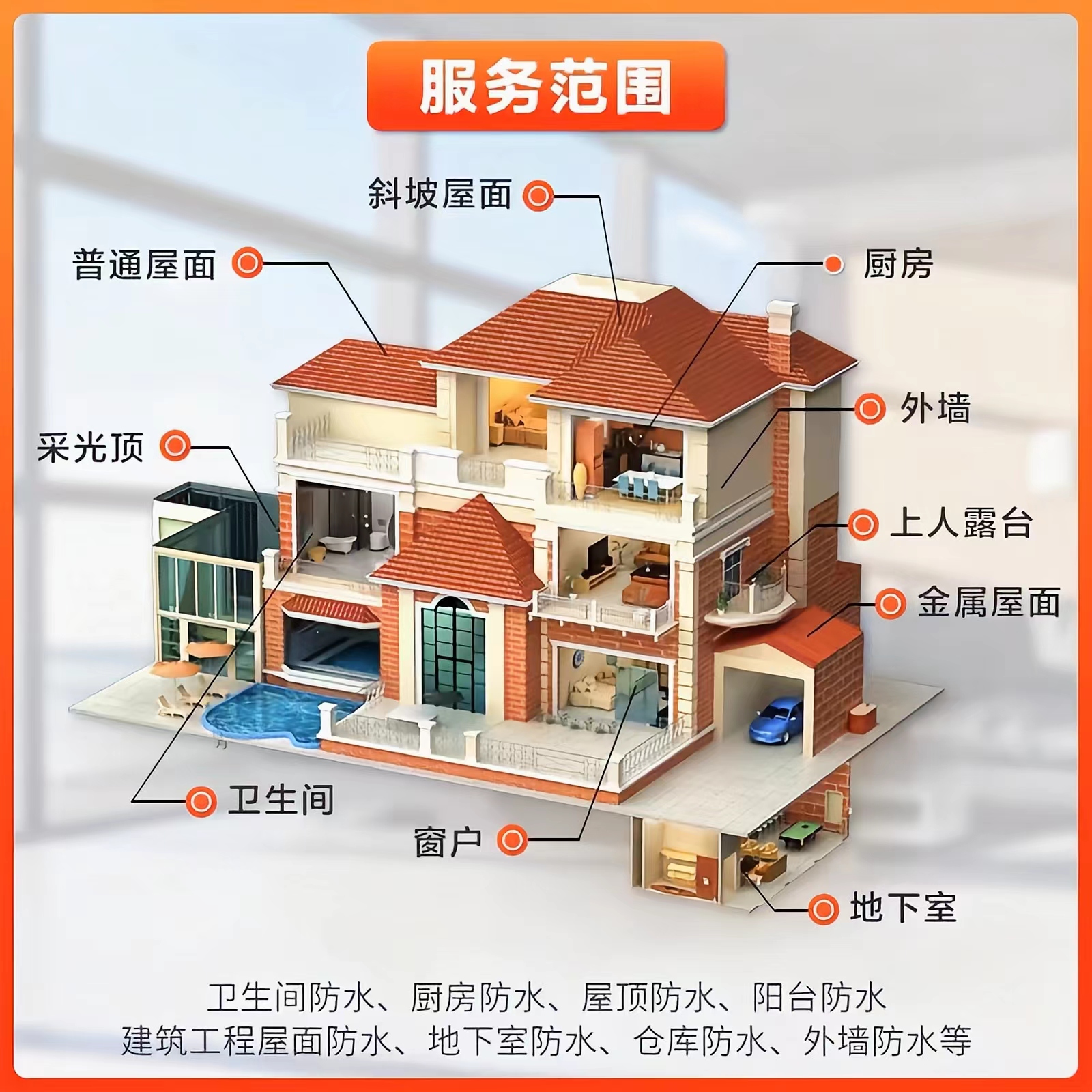 同城防水补漏上门检测卫生间免砸砖厨房阳台屋顶阳光房漏水维修