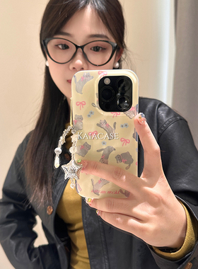 kaia 淡黄色镭射卡通猫咪适用苹果15promax手机壳iphone14新款12双层软11女14pro创意链条13promax全包手机套