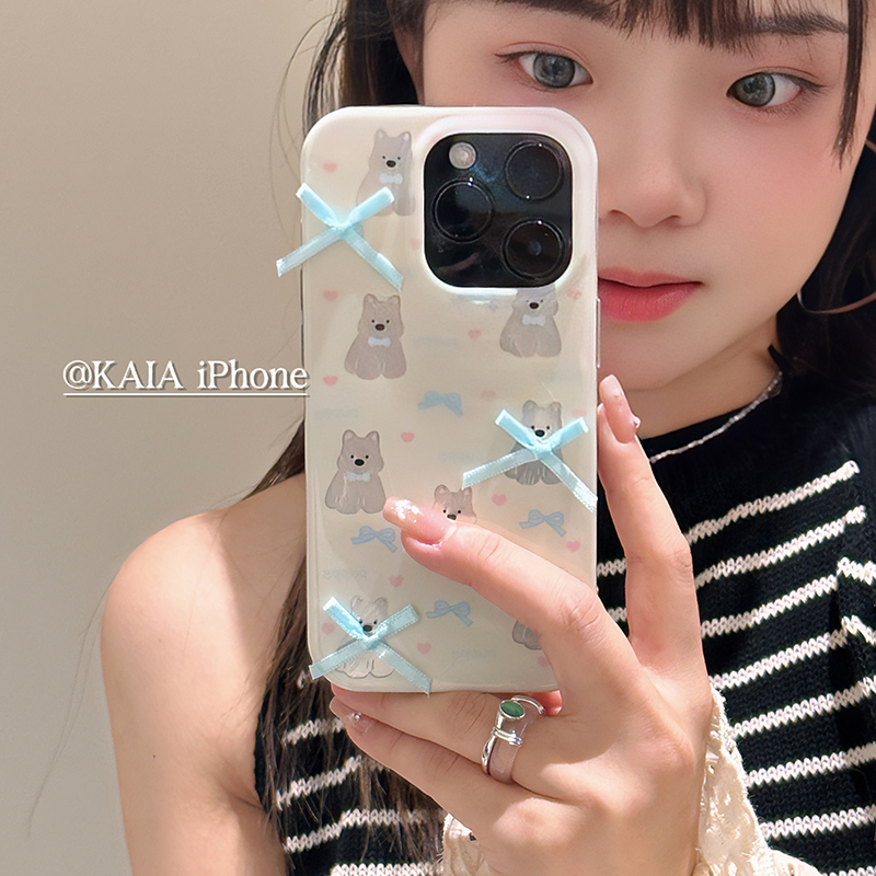 kaia 韩系蓝蝴蝶结狗狗适用苹果15promax手机壳iphone13新款12双层14女款14promax可爱卡通15pro防摔手机套 - 图1