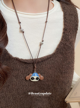 皮革滴油小狗猫爪项链创意卡通轻奢高级感毛衣链设计感小众饰品女