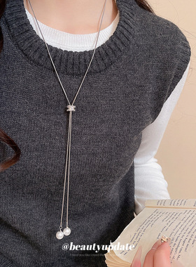 极简风锆石圆形珍珠项链休闲时尚日常百搭毛衣链轻奢高级感项饰女