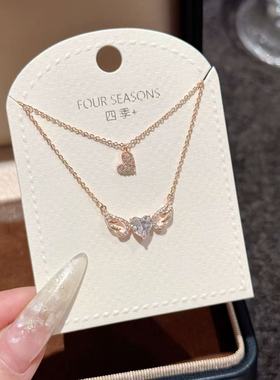 爱心双层超闪满锆石翅膀爱心项链ins风送女友礼物轻奢高级感项链