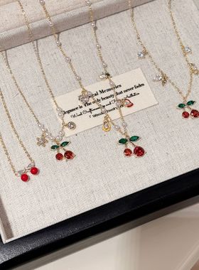 跨境樱桃红色项链耳钉套装轻奢高级感小众锁骨链气质精致套装项链