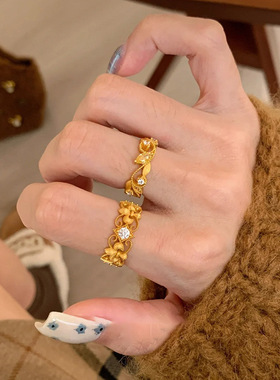 镶锆菱形鸢尾花朵宽面开口戒指中古vintage指环复古轻奢气质手饰