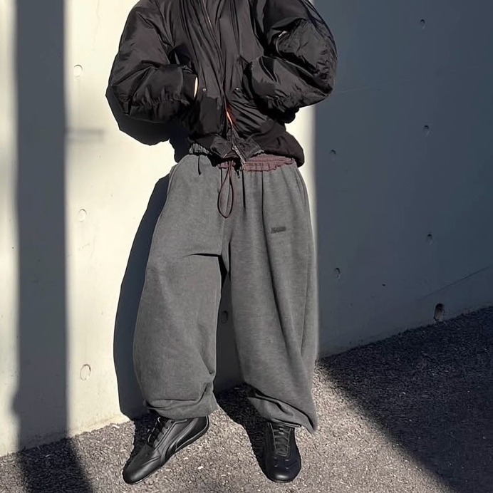 小众Magliano深灰色棕色双腰撞色抽绳卫裤解构阔腿宽松加绒运动裤 - 图1