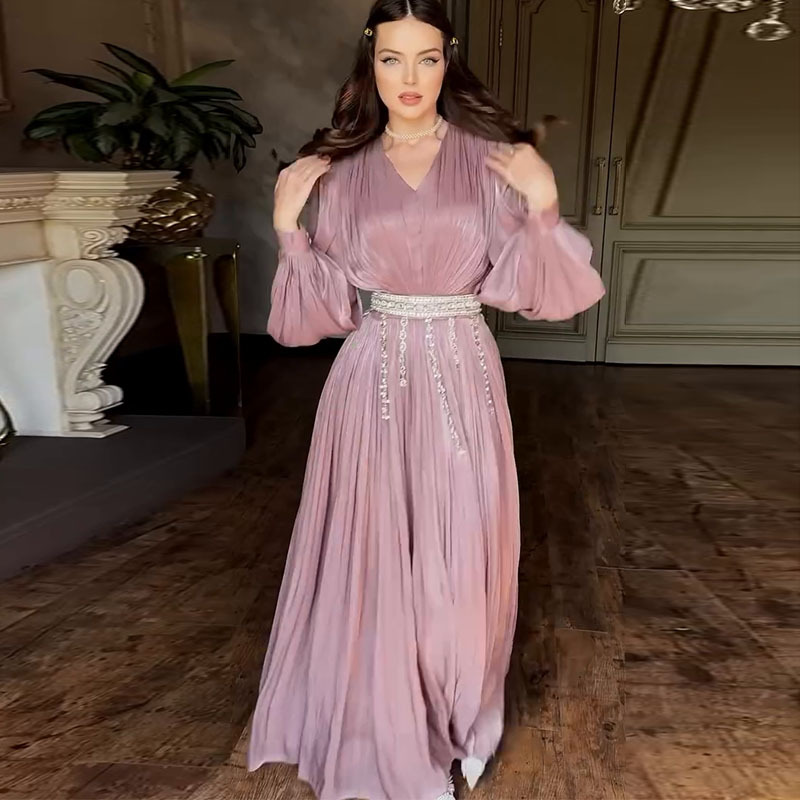 2025欧美性感女装跨境亚马逊新款时尚V领褶皱薄纱长袖大摆连衣裙 - 图0