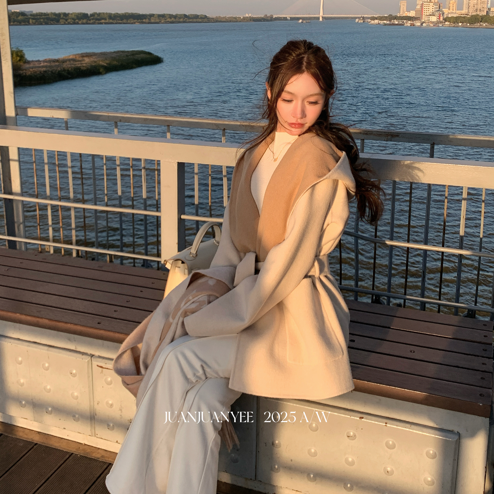 juanjuanyee【顶流千金】独家80支羊毛连帽2面穿山羊绒双面尼大衣 - 图1