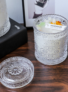 欧式简约玻璃糖果罐浮雕繁花玻璃杯香薰蜡烛大豆蜡氛围家用客厅