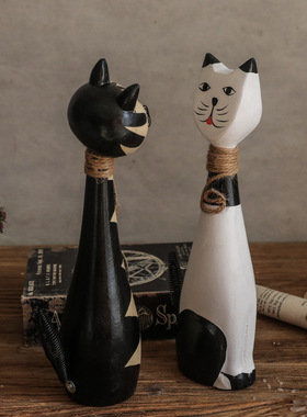 欧式简约木质动物客厅手作猫咪雕家居办公室搁板装饰摆件生日礼物