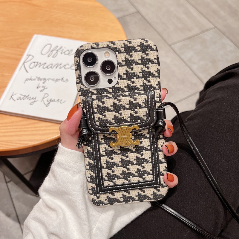 千鸟格斜挎可背带苹果16prmax手机壳iPhone15pro高档奢华13promax背包式女款14promax潮牌奢侈11插卡包12适用 - 图0