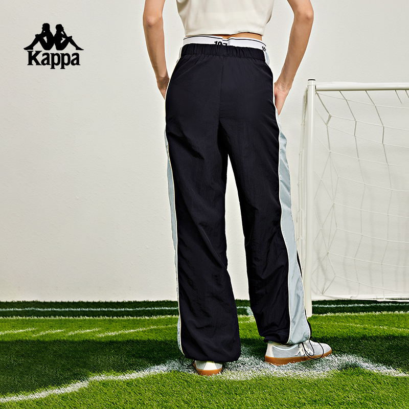 Kappa卡帕运动裤2023新款女高腰长裤撞色拼接休闲裤抽绳收口卫裤