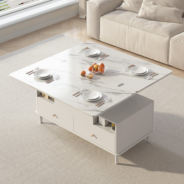 Cream style tea table multifunctional rock sheet tea table living room storage cabinet small apartment multifunctional solid wood leg lifting tea table