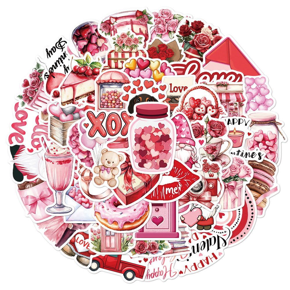 50张粉色卡通复古情人节贴纸行李箱手账本手机壳装饰防水diy贴画