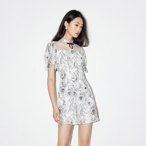 FIVE PLUS连衣裙女新中式盘扣裙子泡泡袖印花女夏装 - 图2
