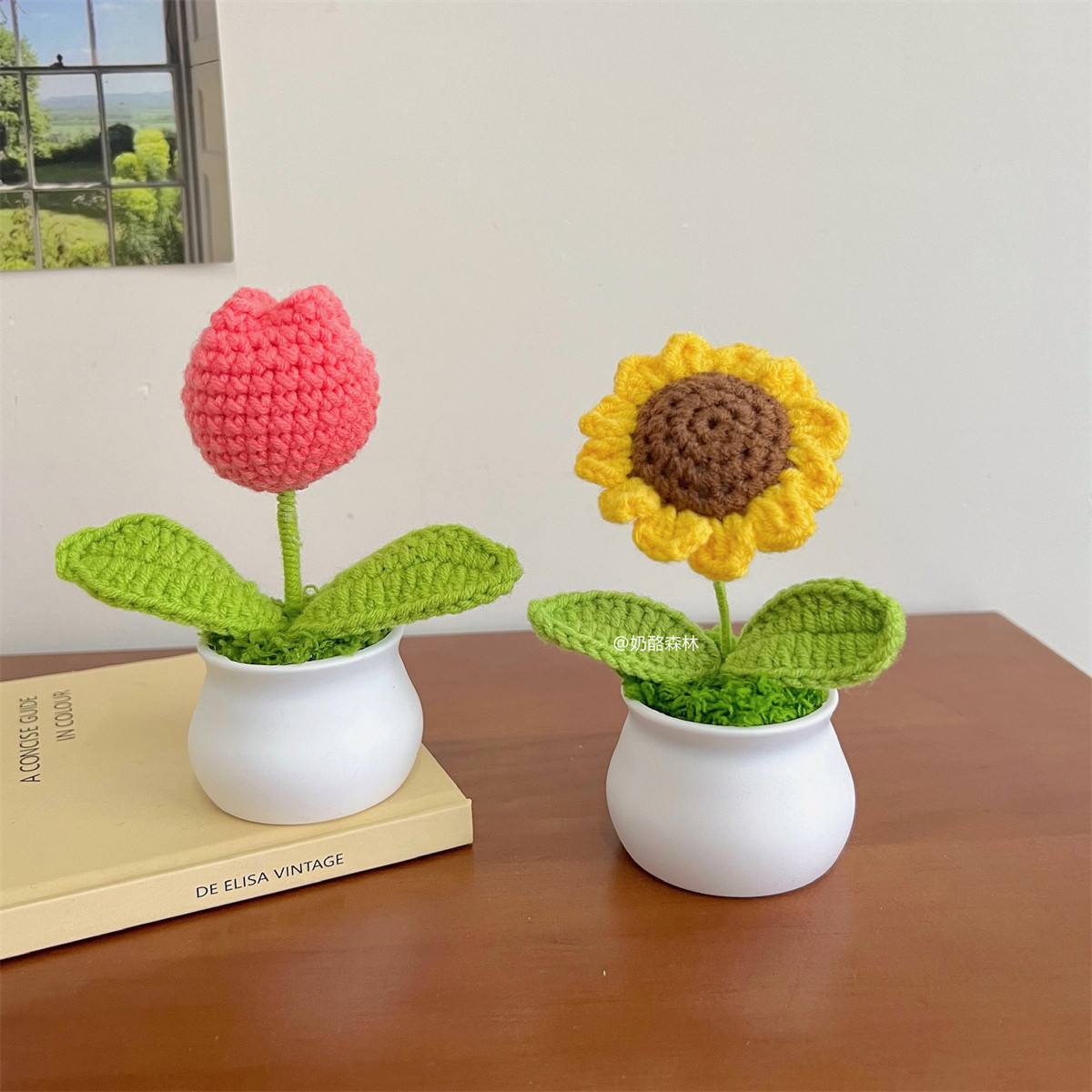 成品手工编织毛线盆栽荷花向日葵铃兰花束钩针仿真花车载摆件装饰,淘宝优惠券,粉丝福利购,淘宝优惠卷