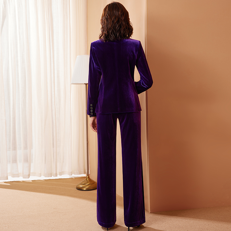 婪诗雅紫色金丝绒西装套装女气质时尚高端女人味丝绒西服两件套-图2