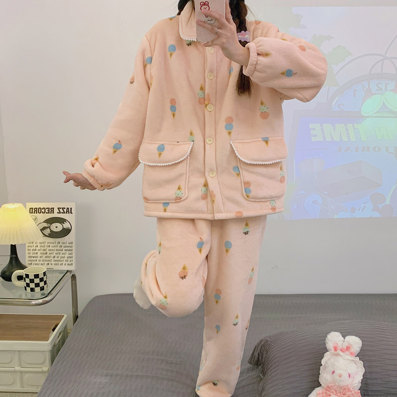 双层加厚雪羔绒内里睡衣女套装秋冬季加绒可爱珊瑚绒牛奶绒家居服