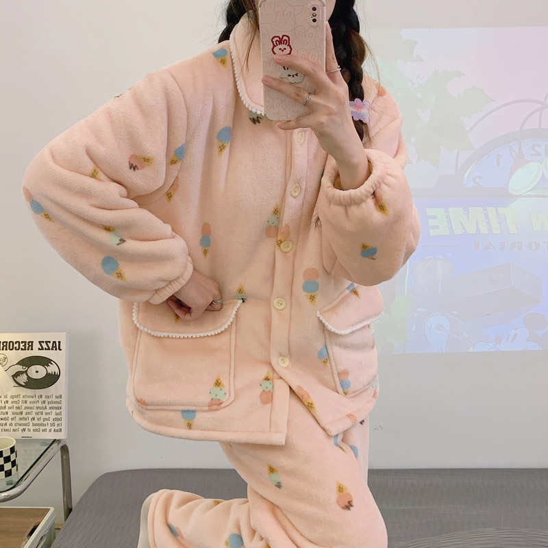 双层加厚雪羔绒内里睡衣女套装秋冬季加绒可爱珊瑚绒牛奶绒家居服