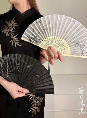 新中式黑色竹子折叠扇子古风旗袍汉服随身便携国风舞蹈折扇女夏天