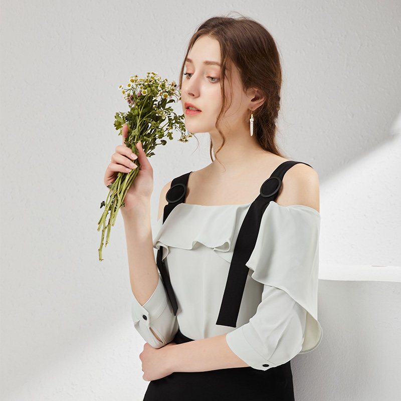 dooc 2022春季新款五分袖露肩雪纺衫 dooc衬衫