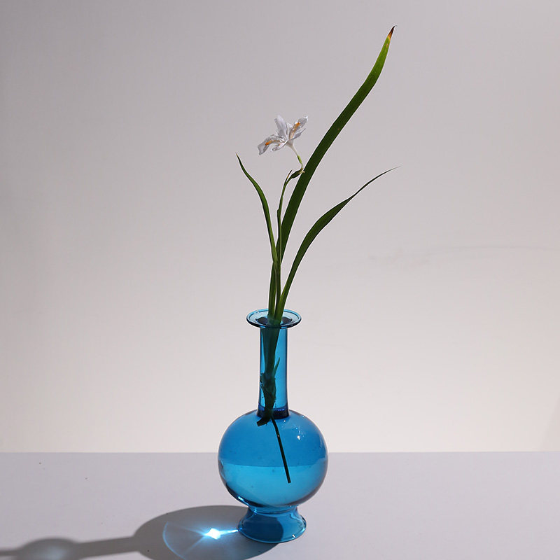 玻璃花瓶透明插花水养鲜花蓝色净瓶日式现代小口径创意插花器皿