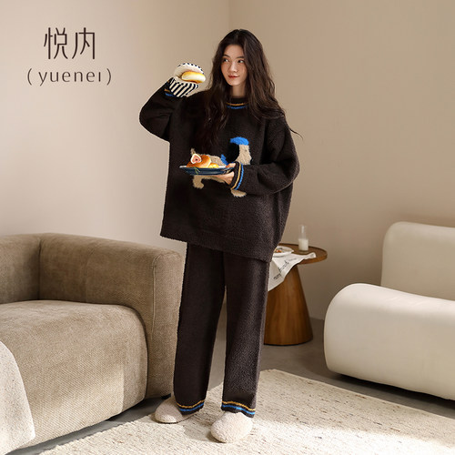 悦内半边绒睡衣女冬季秋冬款珊瑚绒软绵绵毛绒家居服卡通狗可外穿 - 图0