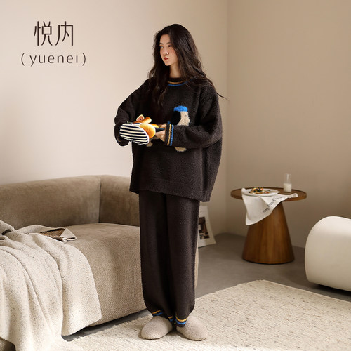 悦内半边绒睡衣女冬季秋冬款珊瑚绒软绵绵毛绒家居服卡通狗可外穿 - 图1