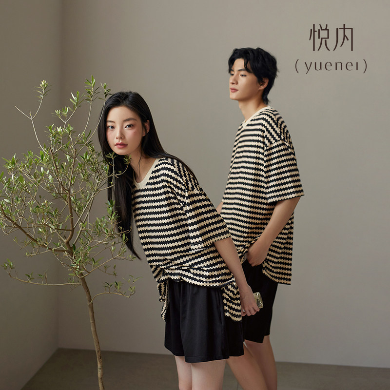 悦内情侣睡衣女夏季短袖短裤纯棉家居服休闲时尚条纹男士夏款套装,淘宝优惠券,粉丝福利购,淘宝优惠卷