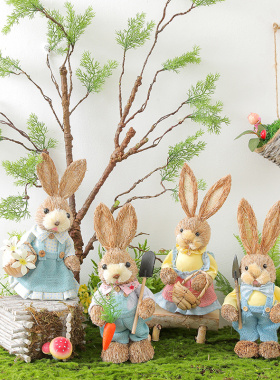 落地草编兔子摆件仿真动物幼儿园