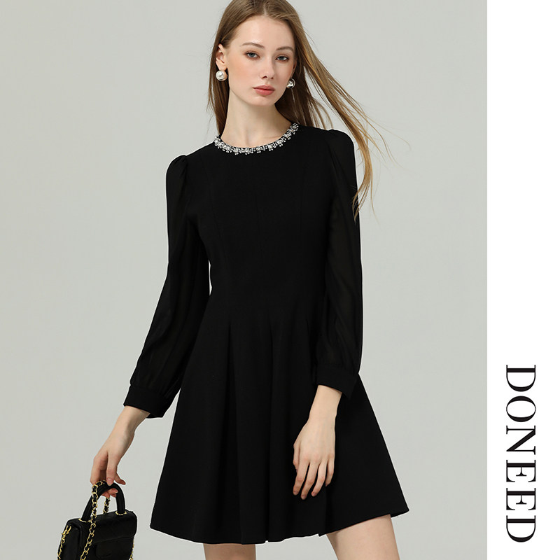 DONEED2025秋款温婉优雅钉钻圆领拼接雪纺长袖小香风毛呢连衣裙女,淘宝优惠券,粉丝福利购,淘宝优惠卷