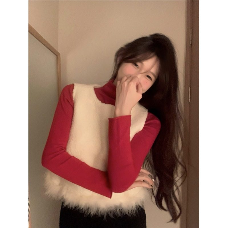 2025新款温柔风套装红色高领针织衫女春季叠穿毛毛马甲背心两件套,淘宝优惠券,粉丝福利购,淘宝优惠卷