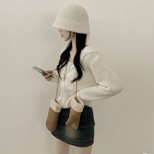 Korean style hooded knitted cardigan for women in autumn and winter new zipper design niche short style versatile sweater jacket