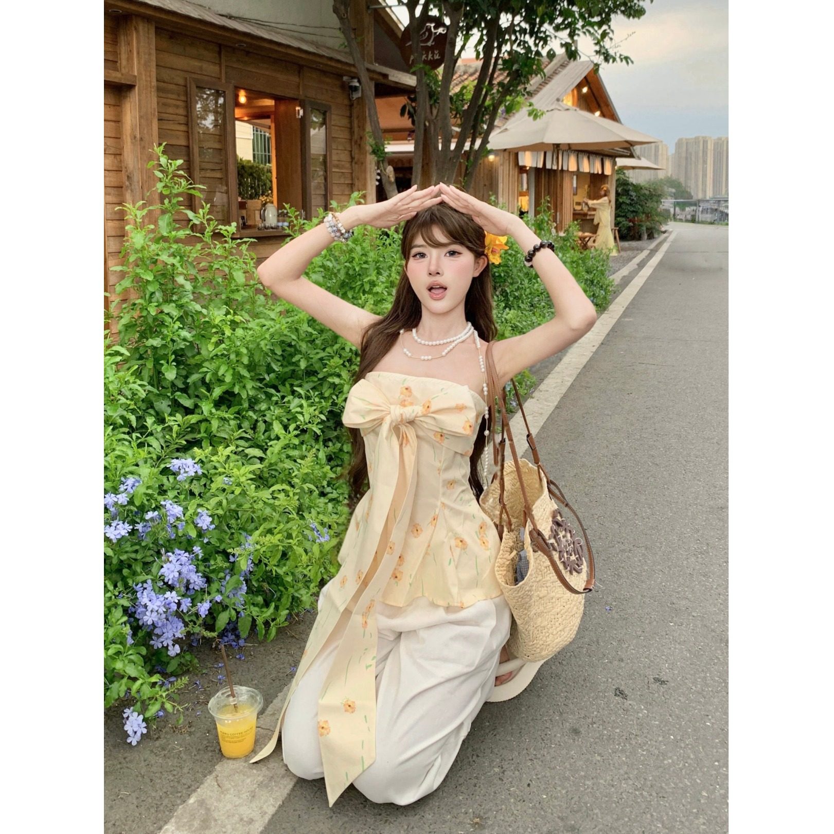 法式黄色碎花抹胸背心女夏季绝美蝴蝶结裹胸甜辣海边度假外穿上衣,淘宝优惠券,粉丝福利购,淘宝优惠卷