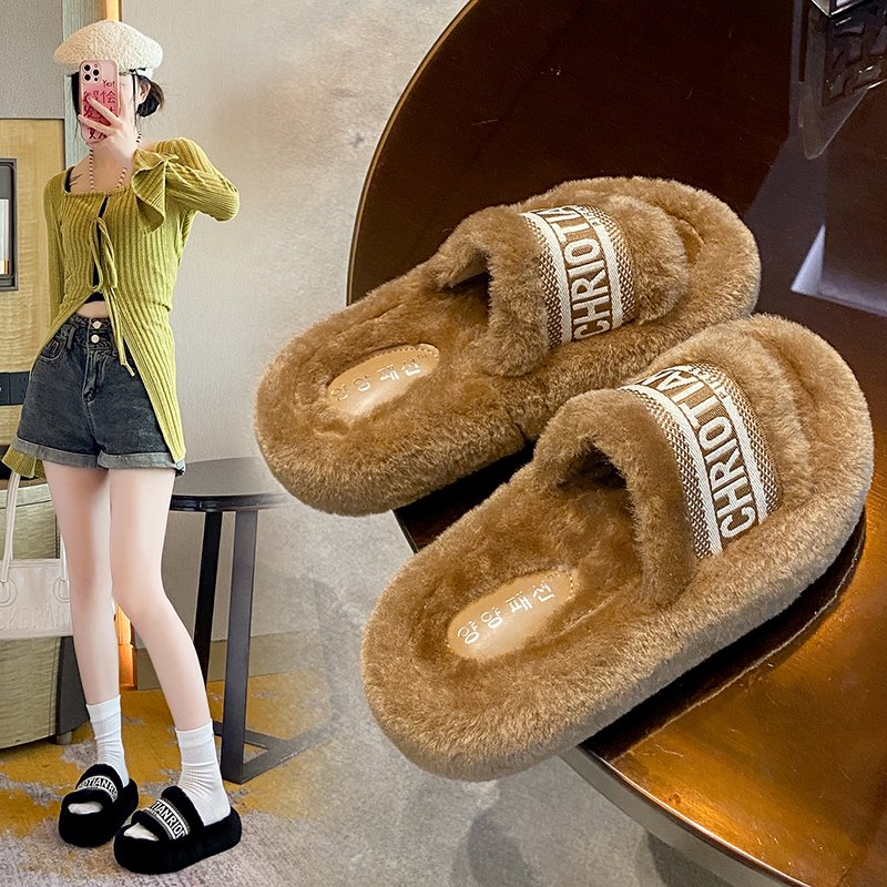网红厚底毛毛拖鞋女外穿时尚2025年新款秋冬季保暖棉拖爆款一字拖 - 图0