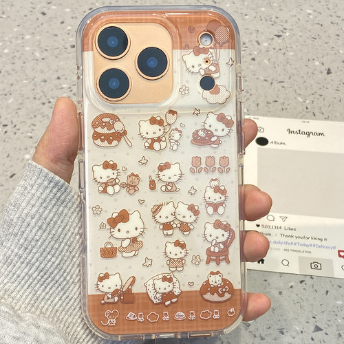 可爱ins格纹满屏kt猫适用于苹果15手机壳iphone14保护套13防摔小众新款17promax全包16pro独特max超火手机套-图1