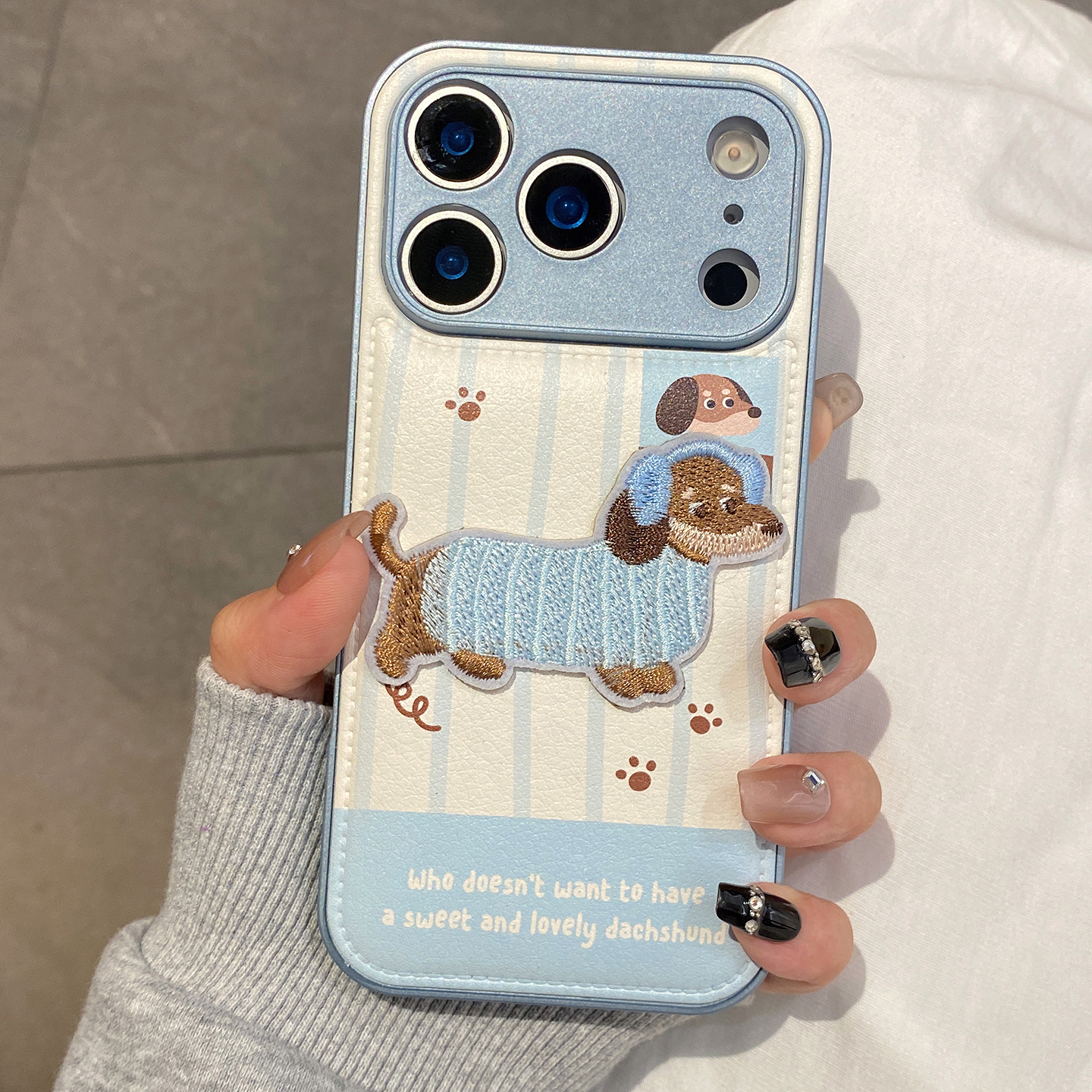 可爱秋冬皮质蓝条纹刺绣腊肠狗适用于苹果17promax手机壳iphone16保护套14防摔13新款全包15pro个性max手机套 - 图2