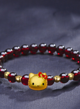 黄金KT凯蒂猫手链女士天然石榴石串珠粉晶手串猫咪新款送女友礼物