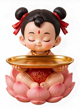 新中式招财哪吒客厅电视柜糖果钥匙玄关杂物收纳托盘乔迁莲花摆件