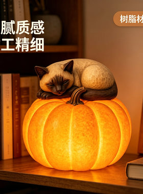 治愈系暹罗猫家居软装夜间暖光台灯南瓜造型儿童床头柜学习灯摆件
