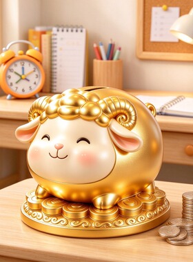 治愈系金绵羊储蓄罐可爱闭眼小羊儿童存钱罐书桌桌面装饰存钱摆件