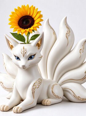 奶油风家居九尾狐摆件描金灵狐花瓶客厅桌面插花装饰干花插花摆件