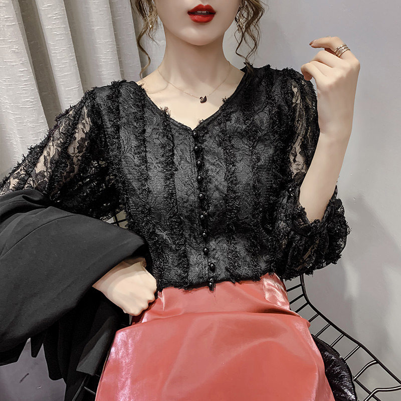 珍珠扣流苏蕾丝女内搭欧货2020小衫 慕可蝶蕾丝衫/雪纺衫