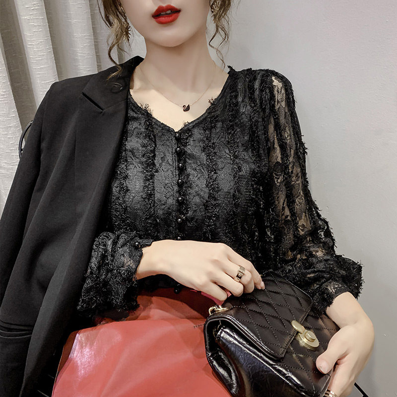 珍珠扣流苏蕾丝女内搭欧货2020小衫 慕可蝶蕾丝衫/雪纺衫