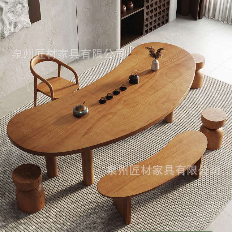全实木茶桌椅组合大板茶台创意弧形客厅家用茶几原木阳台泡茶桌子 - 图0