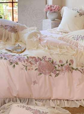 唯美公主风100支全棉磨毛四件套花卉刺绣纯棉被套床单