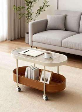 奶油风马鞍皮客厅边几小户型家用椭圆形网红带轮可移动小推车茶几