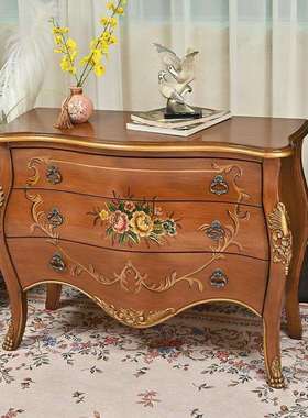 美式复古做旧三斗柜客厅隔断彩绘装饰柜实木雕花大容量收纳储物柜