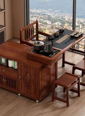 新中式可移动折叠茶车旋转茶桌椅组合非实木边几家用客厅阳台茶台