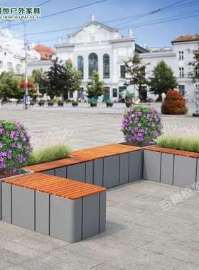户外成品花箱座椅广场商场景观休闲坐凳不锈钢实木椅小区铁艺室外