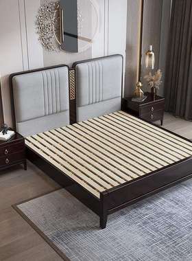 新中式实木床1.8米双人主卧婚床1.5米现代简约卧室家具软靠储物床